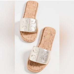Tory Burch Double T Sport Slide Sandal Spark Gold Leather Cork Size 7